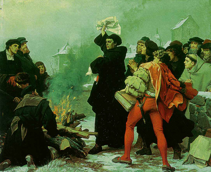 Luther verbrennt die päpstliche Bannbulle, Gemälde von Paul Thurmann, 1872-73
